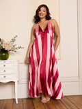 Womens Satin V Neck Cami Maxi Night Dress Pink Stripe