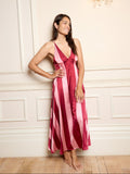 Womens Satin V Neck Cami Maxi Night Dress Pink Stripe