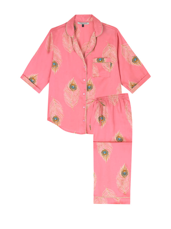 Womens Satin Cropped Sleeve Capri Pyjamas Pink Gold Peacock Feather