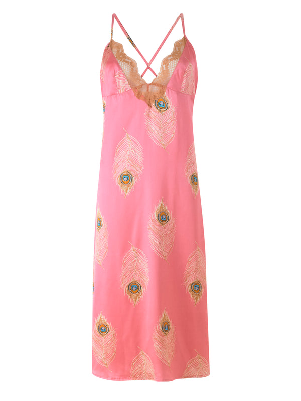 Womens Satin Lace Cami Night Dress Pink Peacock Gold Feather