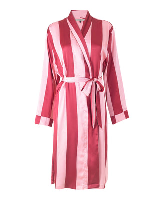 Pink striped satin robe tied with a belt on a white background