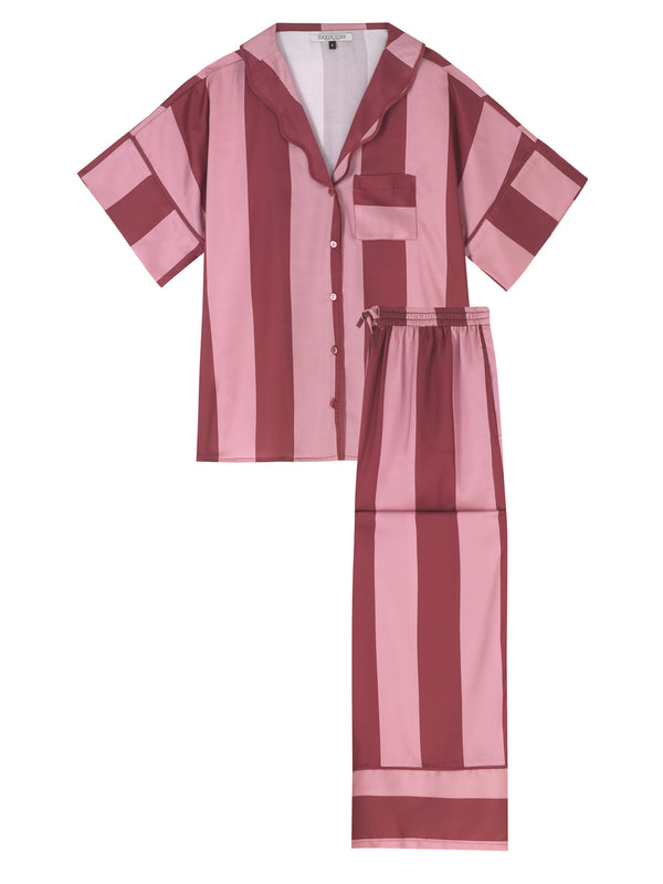 Womens Satin Oversize Pyjamas Pink Stripe