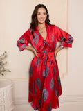 Womens Satin Kimono Dressing Gown Robe Red Peacock