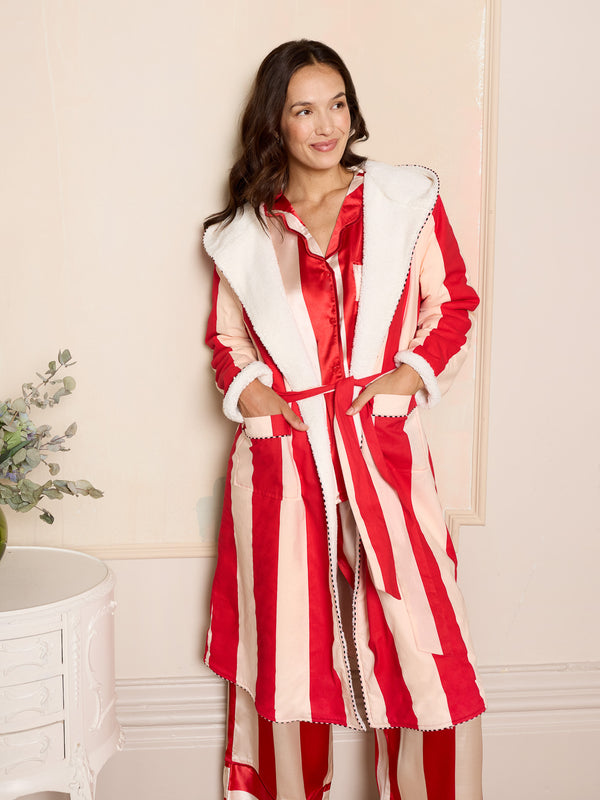 Womens Cosy Dressing Gown Robe Red Stripe