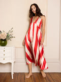 Womens Satin V Neck Cami Midi Night Dress Red Stripe