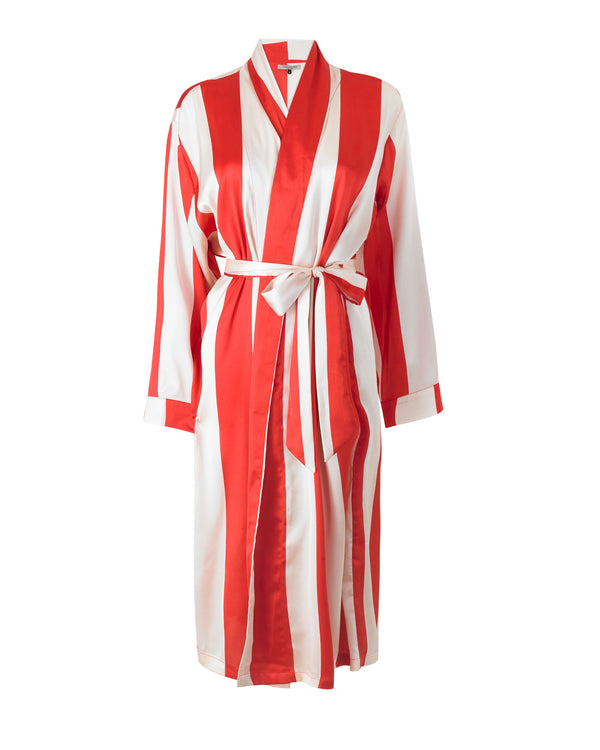 Womens Satin Grandpa Dressing Gown Robe Red Stripe