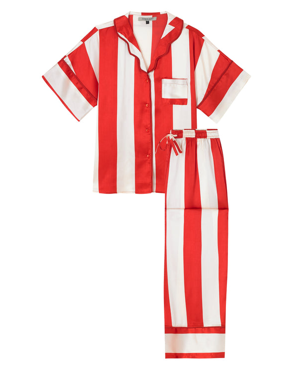 Womens Satin Oversize Pyjamas Red Stripe