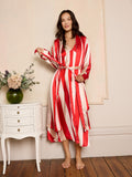 Womens Satin Grandpa Dressing Gown Robe Red Stripe