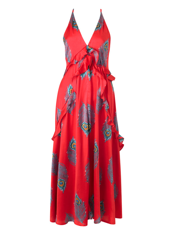 Womens Satin Waterfall Midi Night Dress Red Peacock