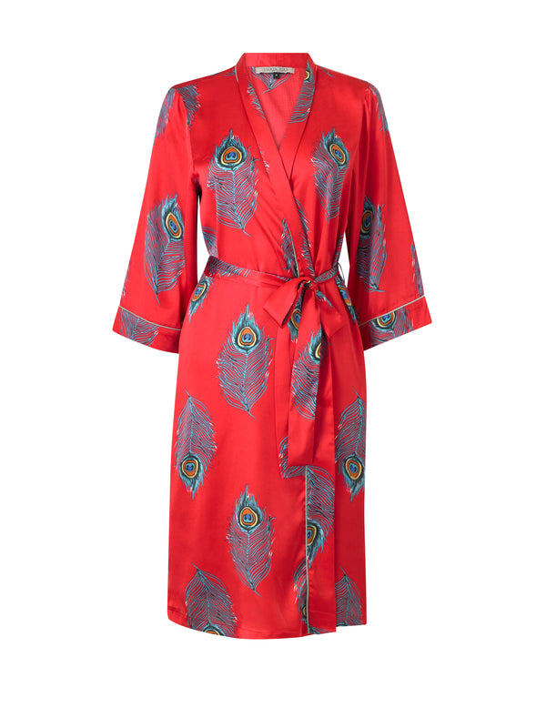 Womens Satin Kimono Dressing Gown Robe Red Peacock
