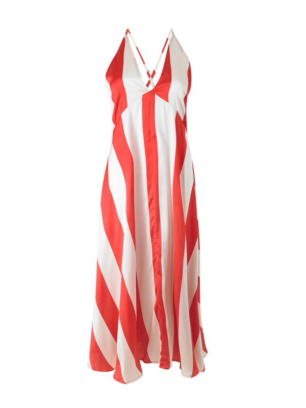 Womens Satin V Neck Cami Midi Night Dress Red Stripe