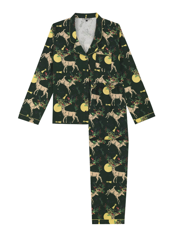 Womens Brushed Cotton Traditional Pyjamas Green Forest Reindeer
