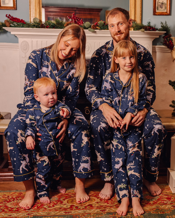 Kids Cotton Traditional Pyjamas Navy Reindeer