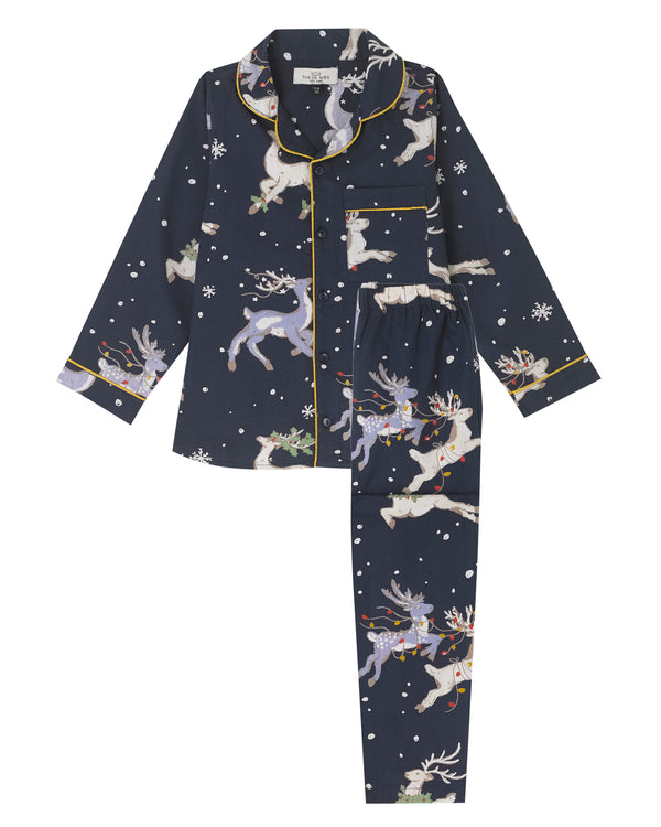 Kids Cotton Traditional Pyjamas Navy Reindeer