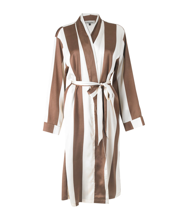 Womens Satin Grandpa Dressing Gown Robe Chocolate Stripe