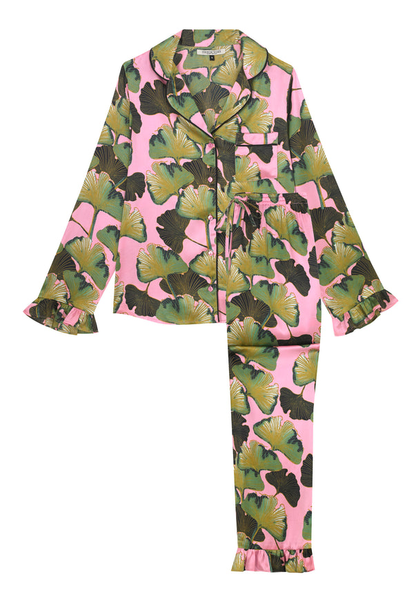 Womens Satin Frill Pyjamas Pink 30s Palms