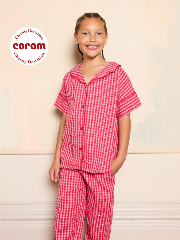 Tween Girl Seersucker Oversize Pyjamas Pink Gingham