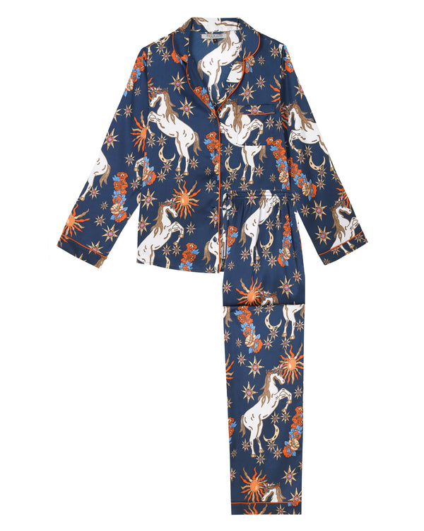Womens Satin Traditional Pyjamas Deep Navy Unicorn Jewels