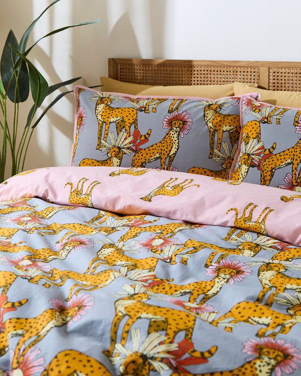 Cotton Reversible Duvet Set Grey Untamed Cheetah