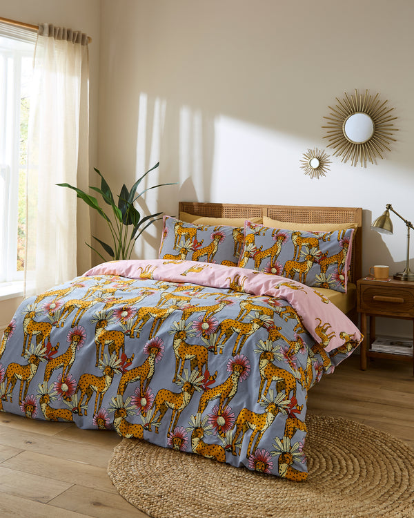 Cotton Reversible Duvet Set Grey Untamed Cheetah