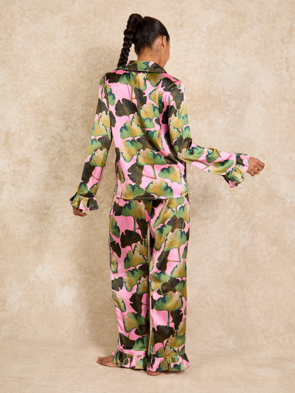 Womens Satin Frill Pyjamas Pink 30s Palms