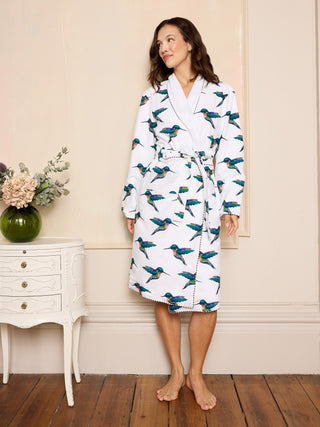 Womens Towelling Dressing Gown Robe White Hummingbird
