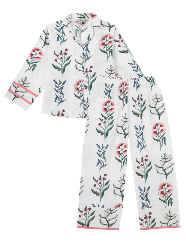 Womens Cotton Boxy Traditional Pyjamas White Folk Flowers