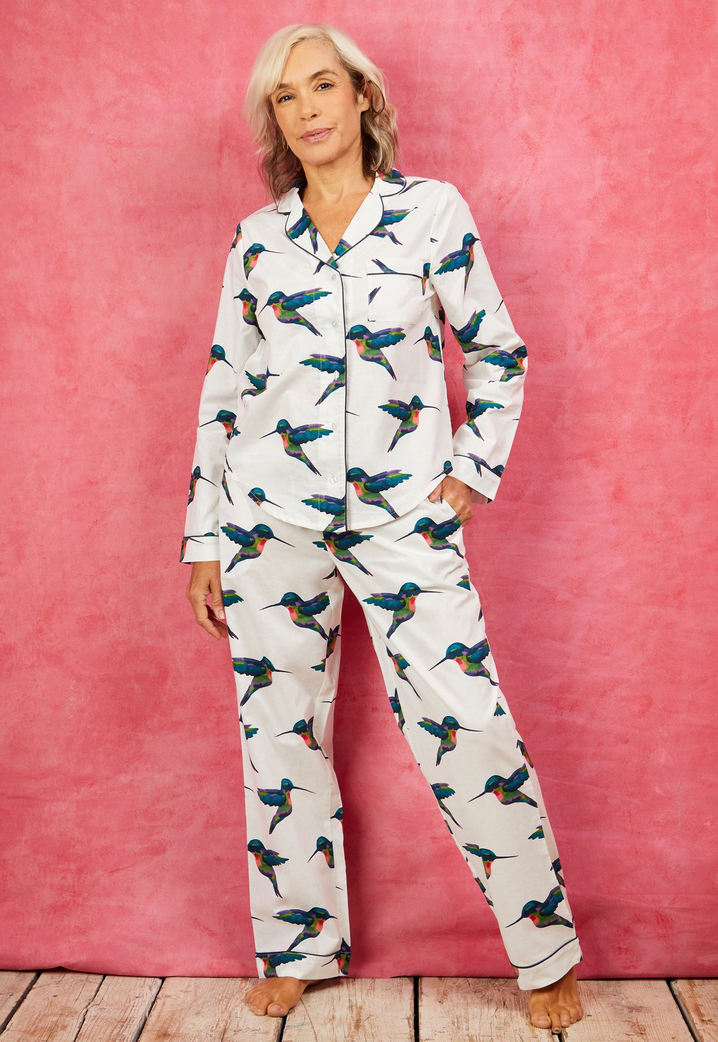 Women's Cotton Traditional Pyjamas in White with Hummingbird Print ...