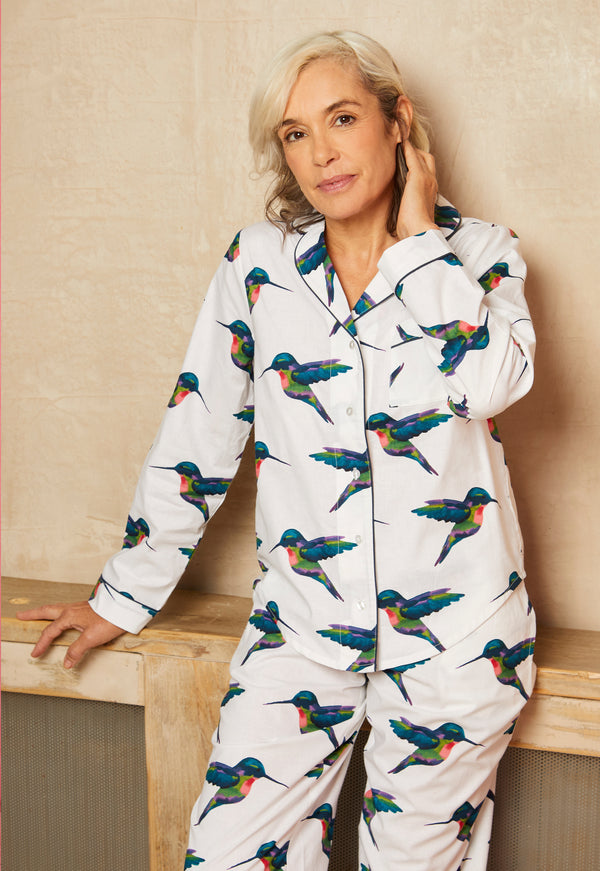 Women's Cotton Traditional Pyjamas in White with Hummingbird Print