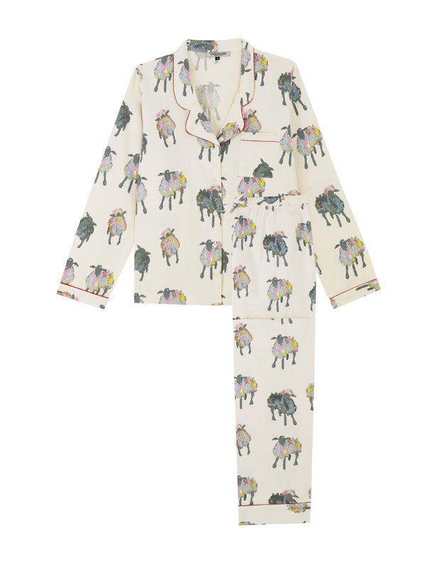 Womens Brushed Cotton Traditional Pyjamas Ecru Sheep