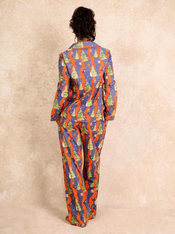 Womens Cotton Traditional Pyjamas Red Blue Christmas Tree Magic