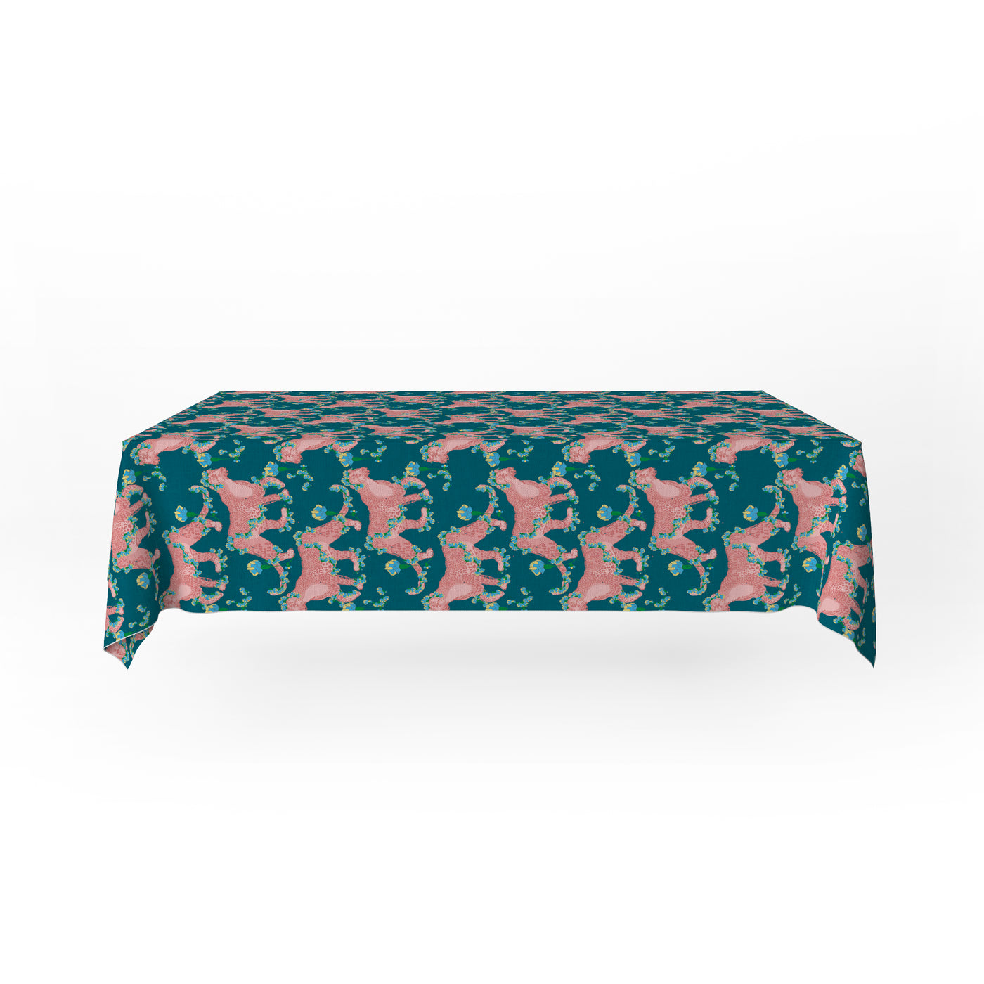 Flat shot of cotton tablecloth shown over table, dark teal base with repeating big cat pattern and carnation floral detailing