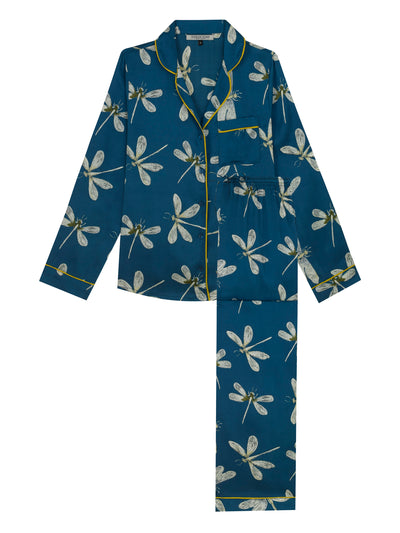 Flat shot of navy based ladies traditional satin pyjamas, with repeating yellow dragonfly pattern in alternating directions. Yellow piping on cuffs and collar