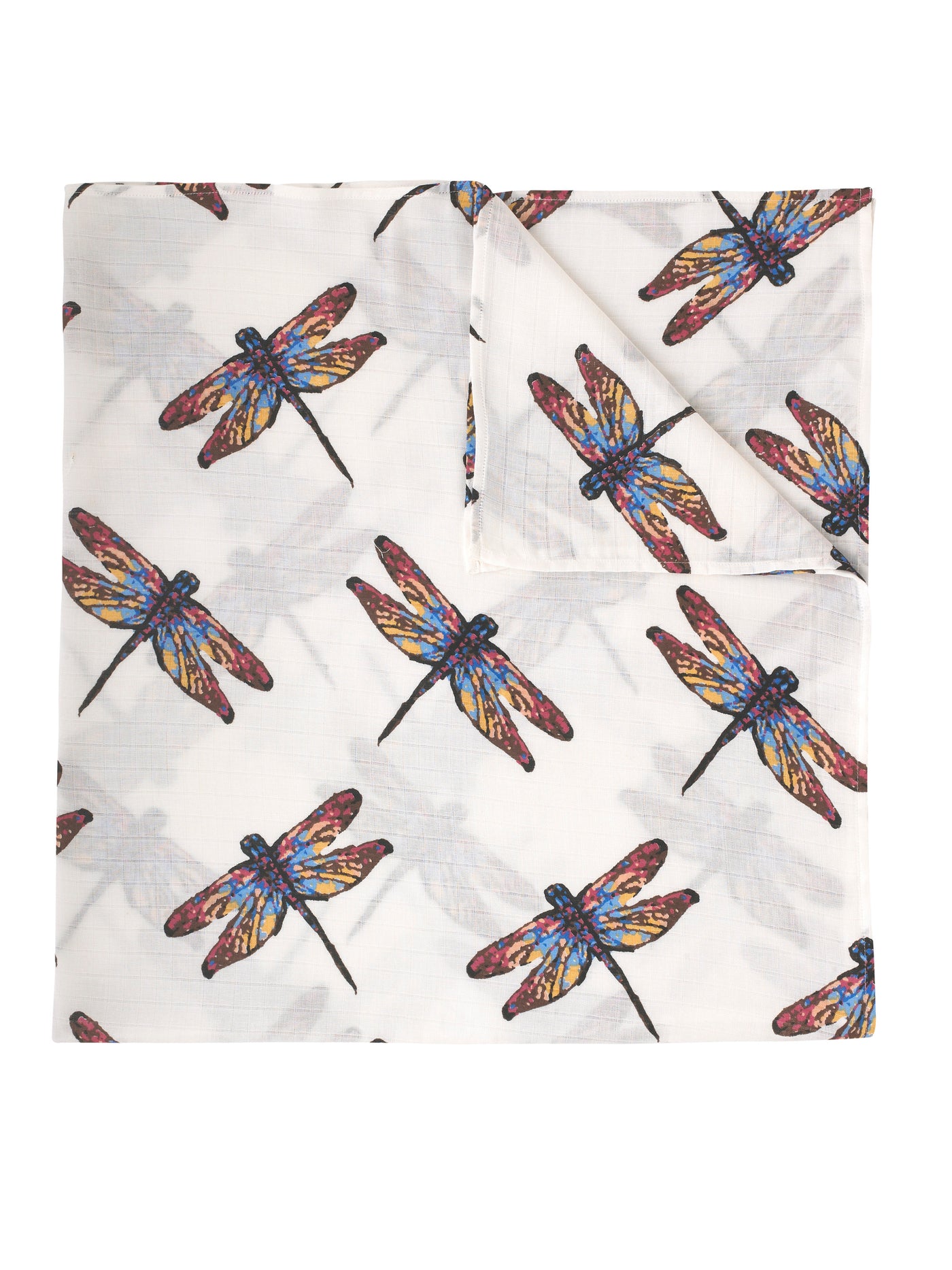 flat shot of cotton swaddle cloth, white base with hand painted dragonfly pattern