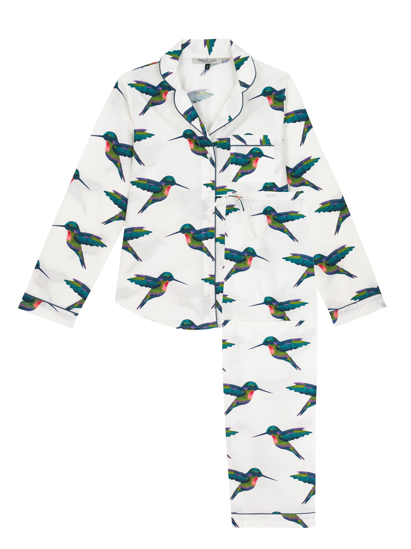 Flat shot of womens Cotton, full length, shirt and trousers Pjs, White base, multicoloured Hummingbird's in flight pattern