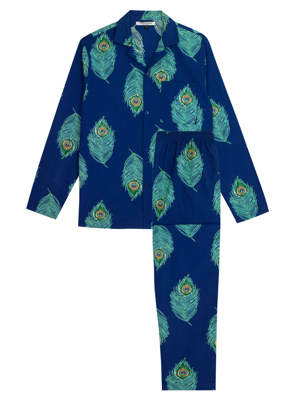 Flat shot of mens cotton, shirt and trouser pjs, navy base, repeating peacock featherpattern