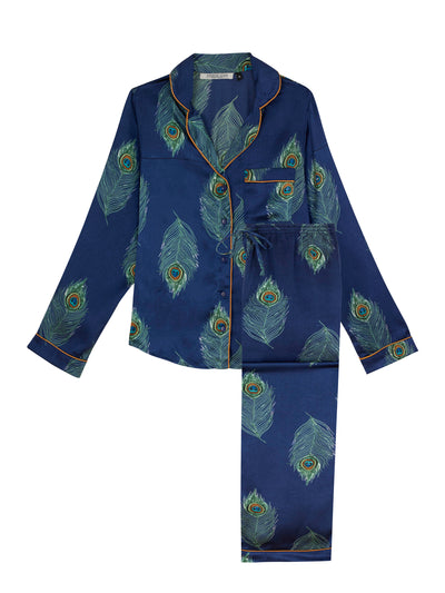 Flat shot of womens Satin, full length, shirt and trousers Pjs, Navy base with Peacock Feather hand drawn pattern