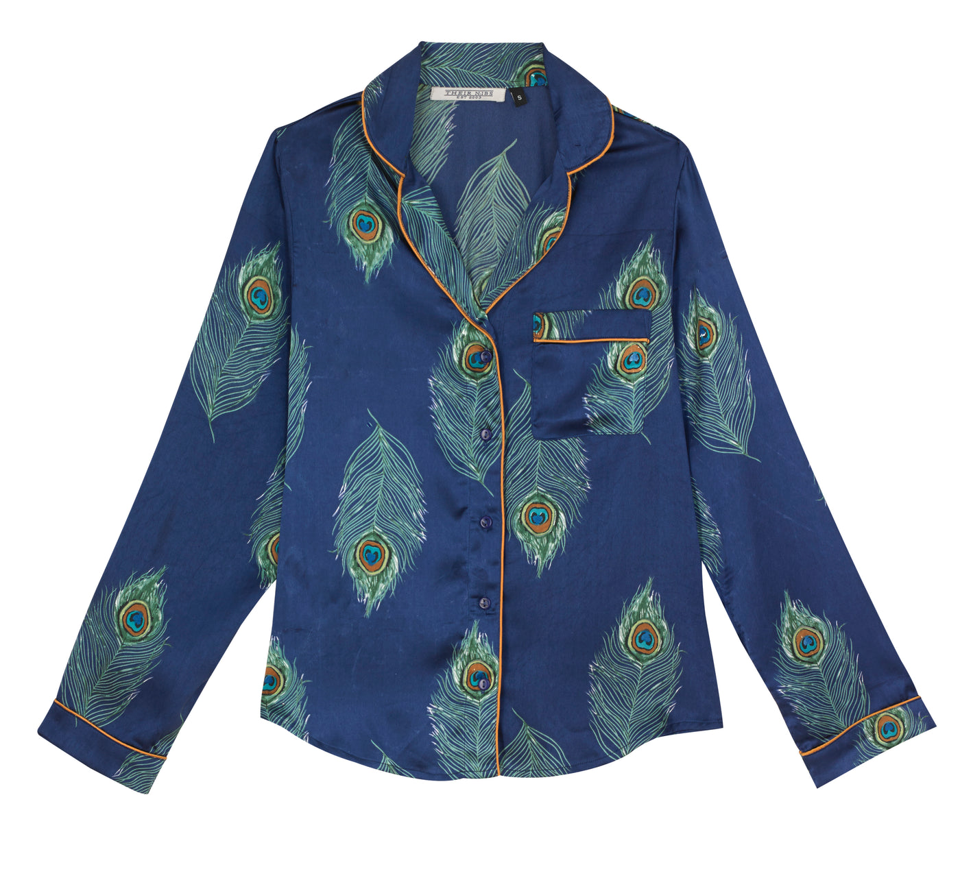 Womens Stand Alone Satin Traditional Pyjama Top, Navy Peacock Feather