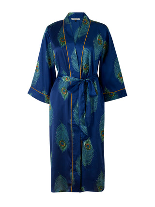 Womens Satin Dressing Gown Robe Navy Blue Peacock Feather