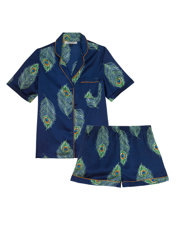 Flat shot of womens satin, shirt and shorts Pjs, Navy base with hand painted peacock feather pattern