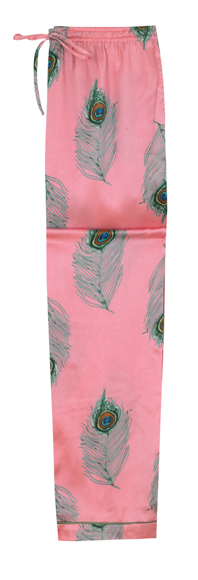 Womens Stand Alone Satin Pyjama Bottoms, Warm Pink Peacock Feather