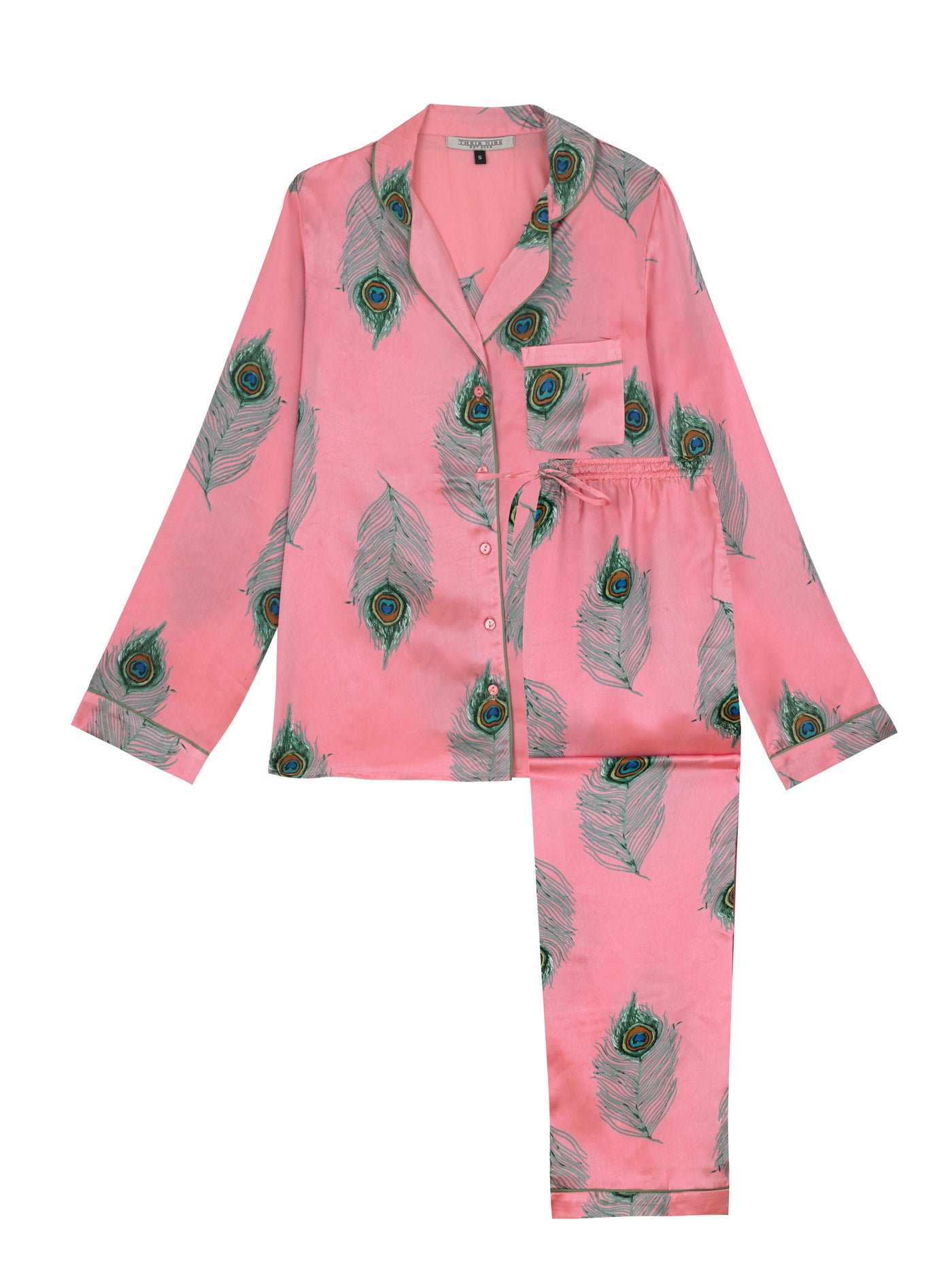 Flat shot of warm pink based ladies traditional satin pyjamas, with repeating green peacock feather pattern, green piping on cuffs and collar