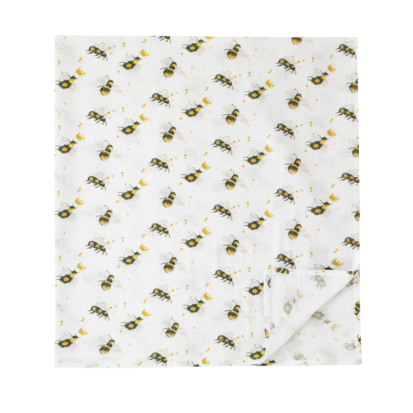 flat shot of cotton swaddle cloth, white base with water colour bee pattern wit crown detailing, bees are in flight in alternating directions