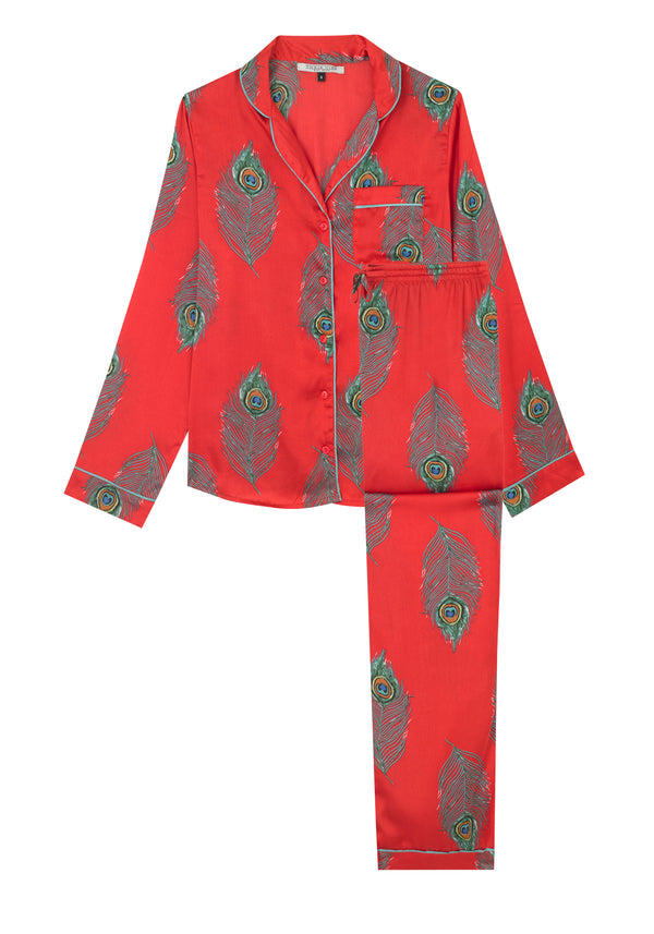 Womens Satin Traditional Pyjamas Red Peacock Feather