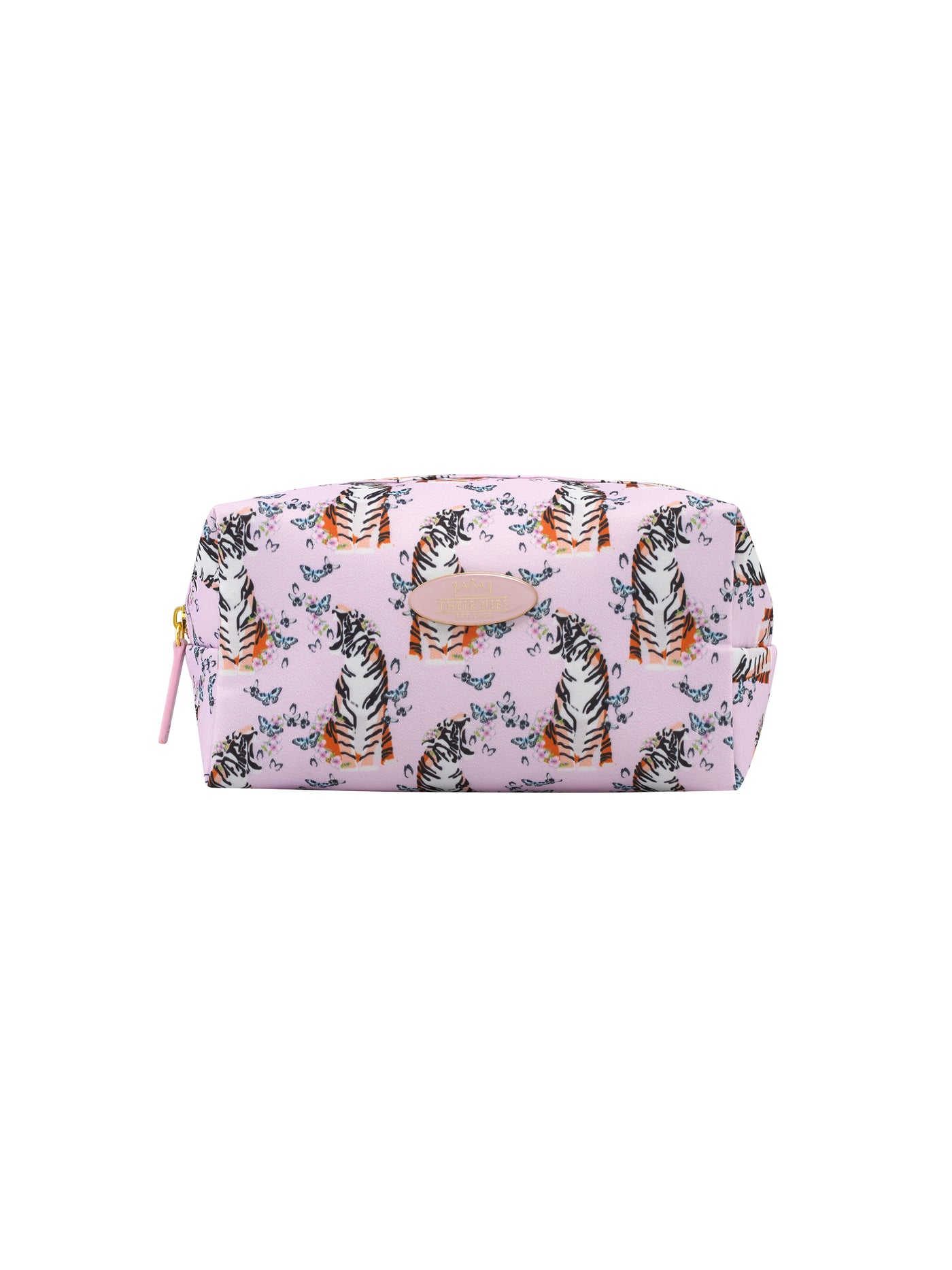 Flat shot of synthetic pale pink cosmetic bag, Their Nibs badge in centre, tiger and butterfly pattern
