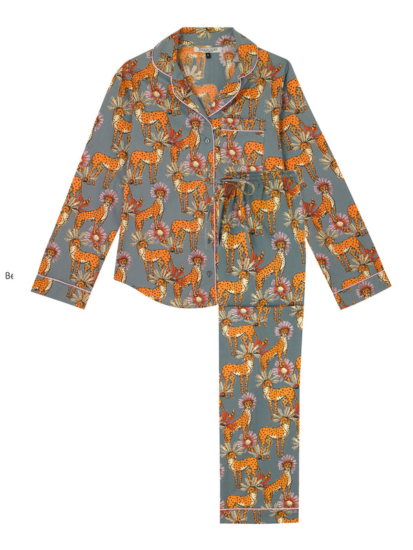 Womens Traditional Cotton Pyjama Set, Grey Untamed Cheetah Print ...