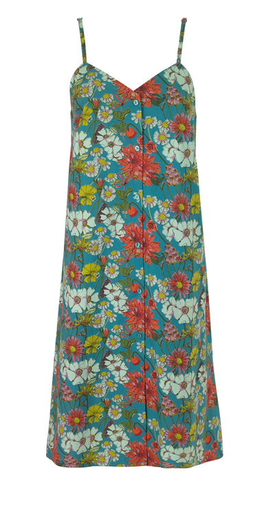 Flat shot of ladies cotton button down cami nightie, dark teal base with busy repeating floral pattern